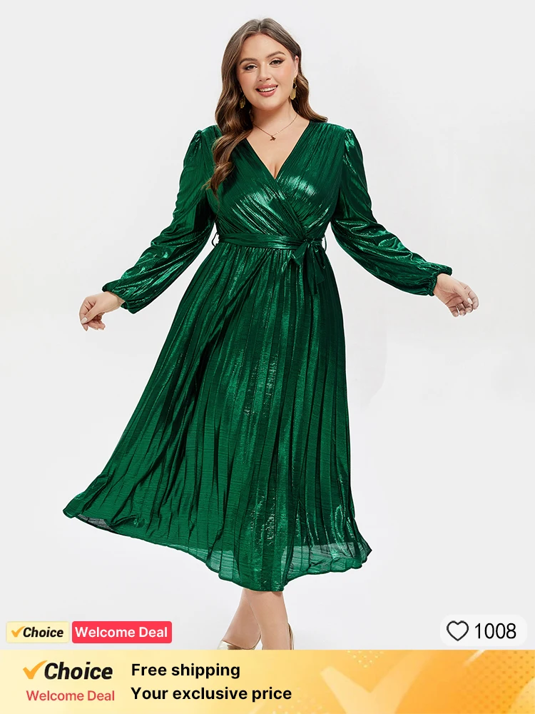 

Plus Sized Clothing Women's Summer Spring Lantern Long Sleeve Wrap V-neck Ruched Midi Dress Solid Color Fashion Party Dress