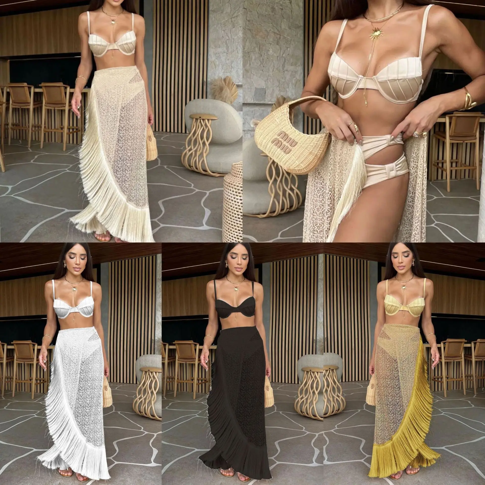 

Women Summer Dresses Tassel Waisted Bikini Half Skirt Three Piece Set Solid Color Split Beach Dress Evening Dress