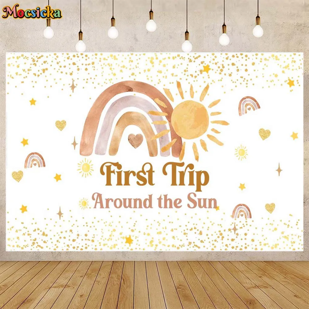 

Mocsicka First Trip Around the Sun Photo Background Boho Rainbow Sunshine Girl 1st Birthday Party Decor Children Backdrop Custom