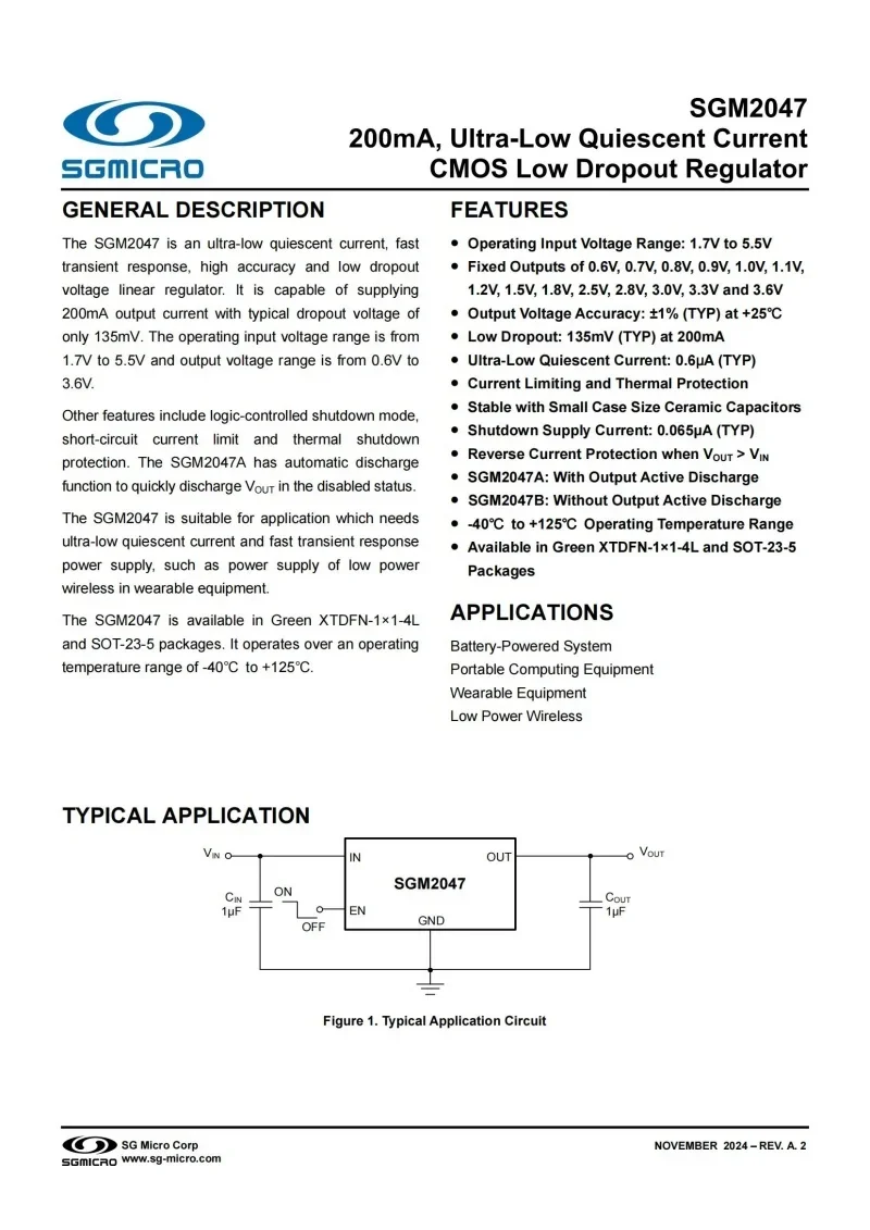 

10 шт./лот SGM2047B-0,7XXDH4G/TR XTDFN-4, Марка: 0U, фиксированный выход 0,7 В, 200 мА, CMOS-регулятор сверхнизкого тока с низким падением напряжения