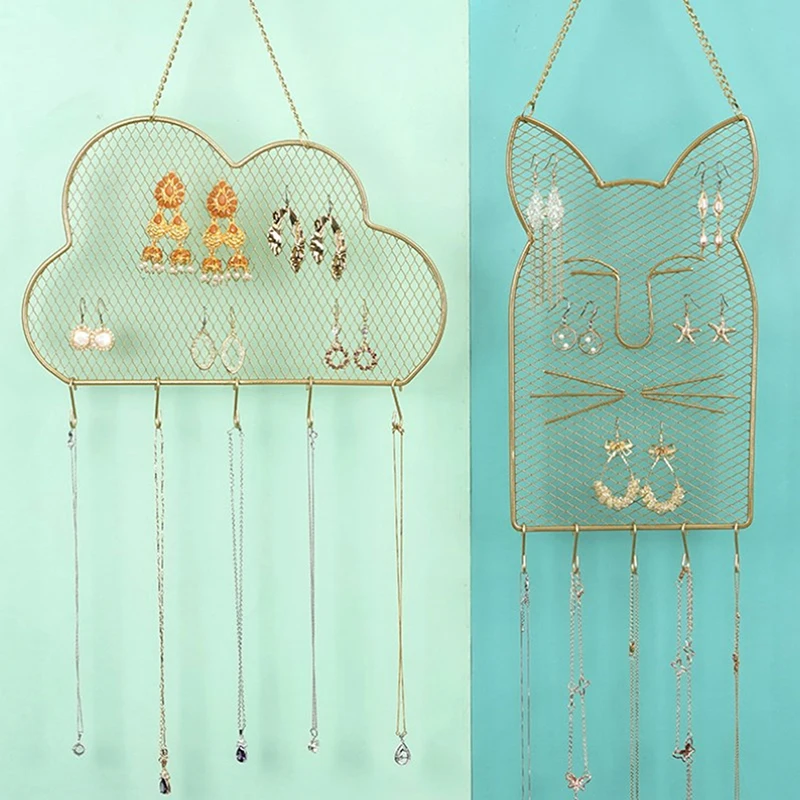 Colgador de pared de malla de Metal con ganchos, colgante con forma de nube y gato para joyería, pendientes, collar, pulsera, organizador, estante