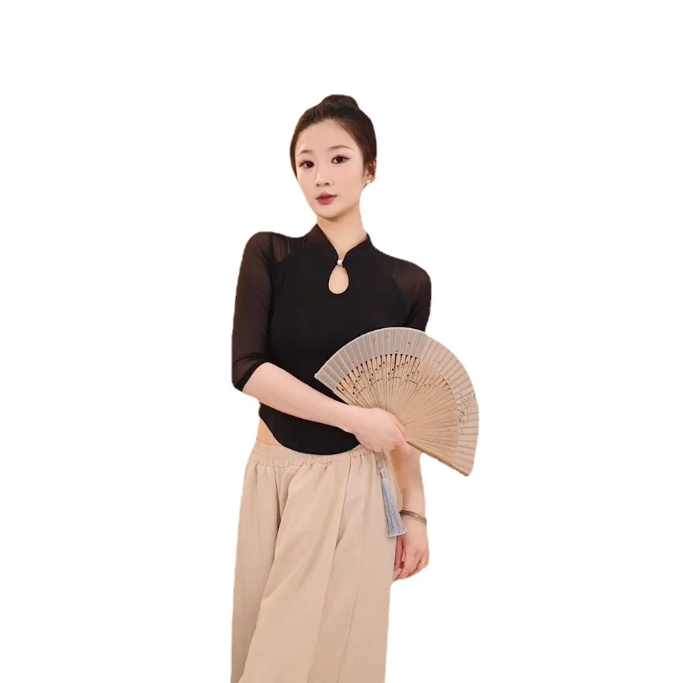 Classical dance clothes women's splicing yarn sleeves spring and summer new slim-fit tops Chinese dance retro practice
