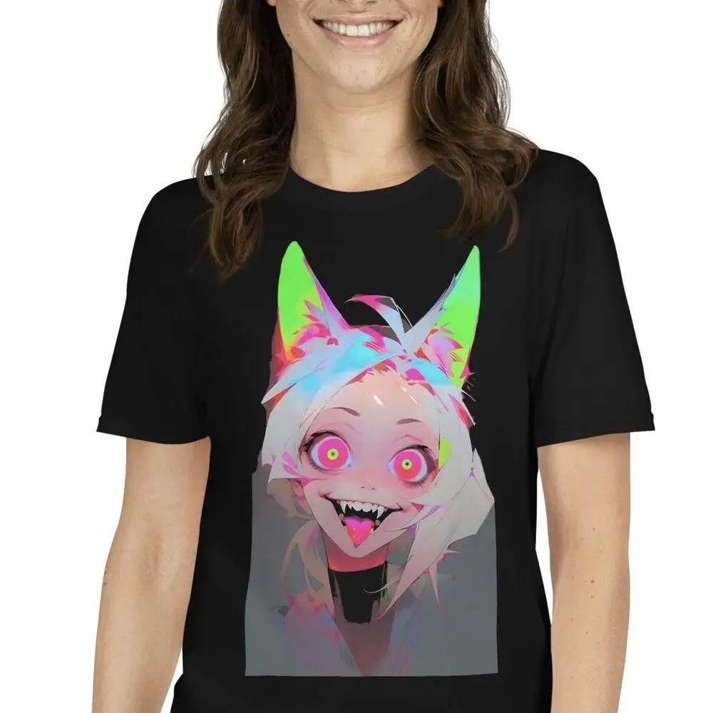 Anime Cat Girl  Neon Cyber Goth Short-Sleeve Unisex T-Shirt High Quality 100%Cotton Short Sleeve