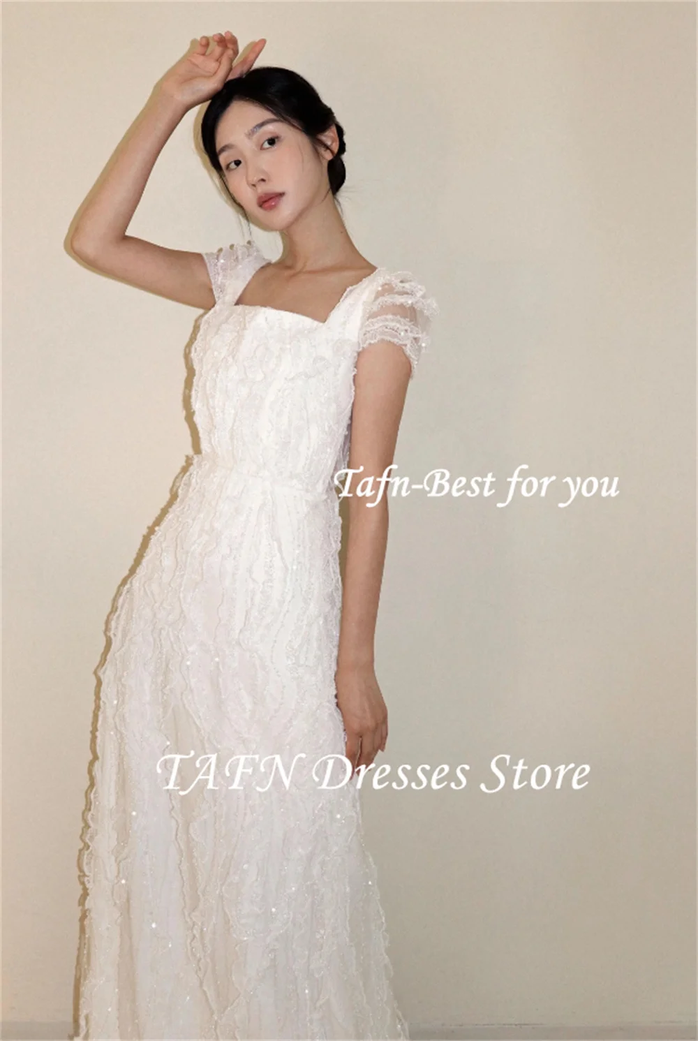 TAFN Korea Wedding Dresses Square Collar Short Sleeves A-line Luxury Lace Backless Bridal Gown Photo Shoot Dresses