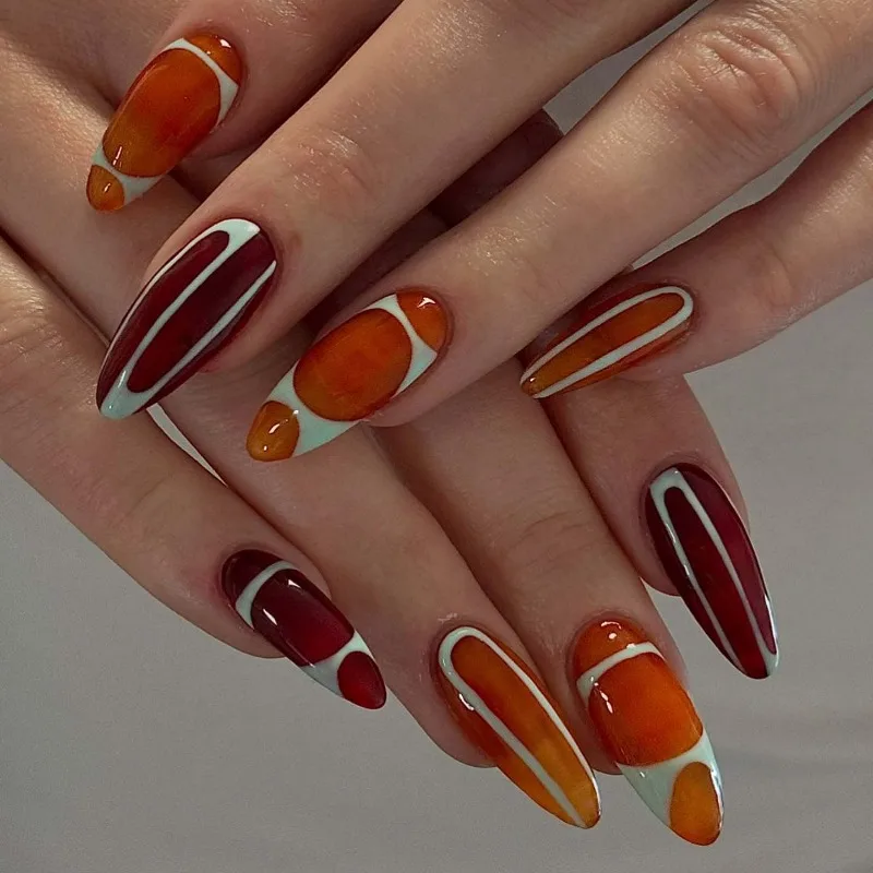 

24PCS Press on Nails Brown Color Fluid Almond Fake Nails European American Cool Style Artistic Manicure Autumn Winter False Nail