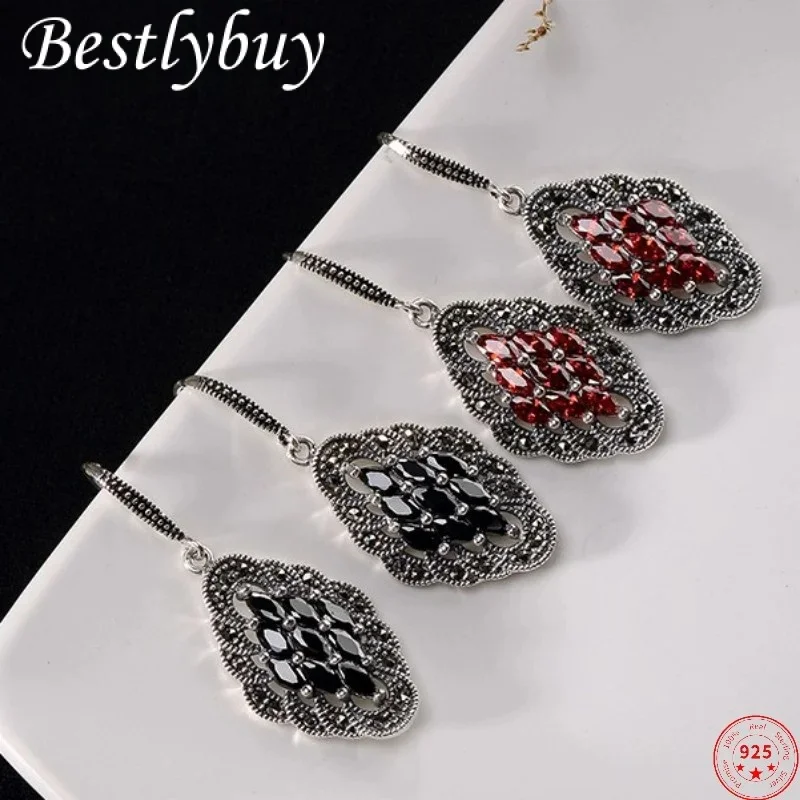 

Bestlybuy S925 Sterling Earrings For Women Retro National Style Fashion Thai Silver Ear Drop Pure Argentu Gemstone Jewelr