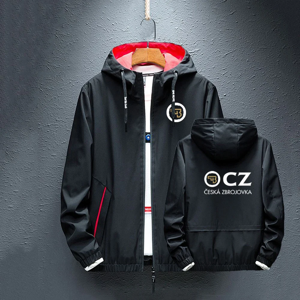 2024 Men's CZ Logo Thin Hooded Jacket Coat New Ceska Zbrojovka Print Solid Color Cardigan Turn-Down Collar Windproof Casual Tops