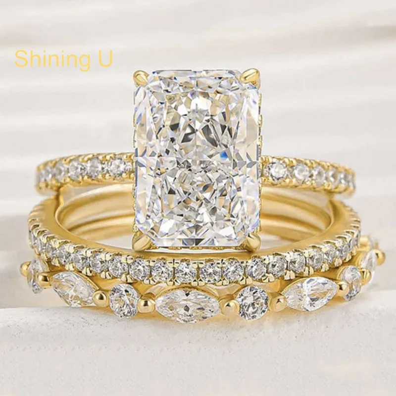 

Shining U S925 Silver High Carbon Daimond Gems 3.5CT Ring Set for Women Fine Jewelry Wedding