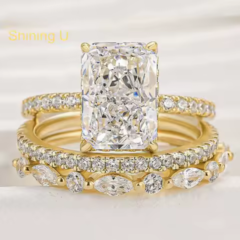 Shining U S925 Silver High Carbon Diamond Gems 3.5CT Ring Set for Women Fine Jewelry Wedding