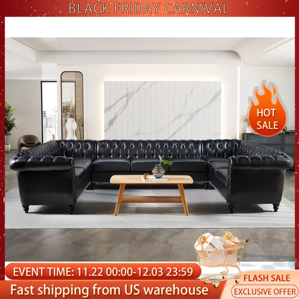 U-Shaped Sofa Sectional Leather Faux Couch 9-Seater Upholstered Large Accent Tufted Sofa with Rolled Armrest and Nailhead Design