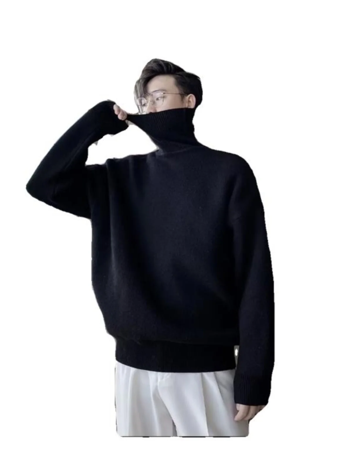 High Collar Knitted Sweater Couple Matching Fce Lined Base Layer Winter Clothes Loose Fit Youth Sle Long Sve Turtlene