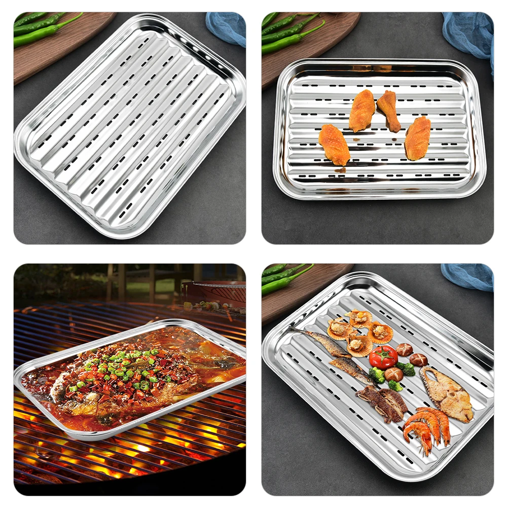 

Stainless Steel BBQ Tongs Perforated Food Trays Grill Pans Outdoor Cooking Tools Letter Design Easy Clean Kitchen Accessories