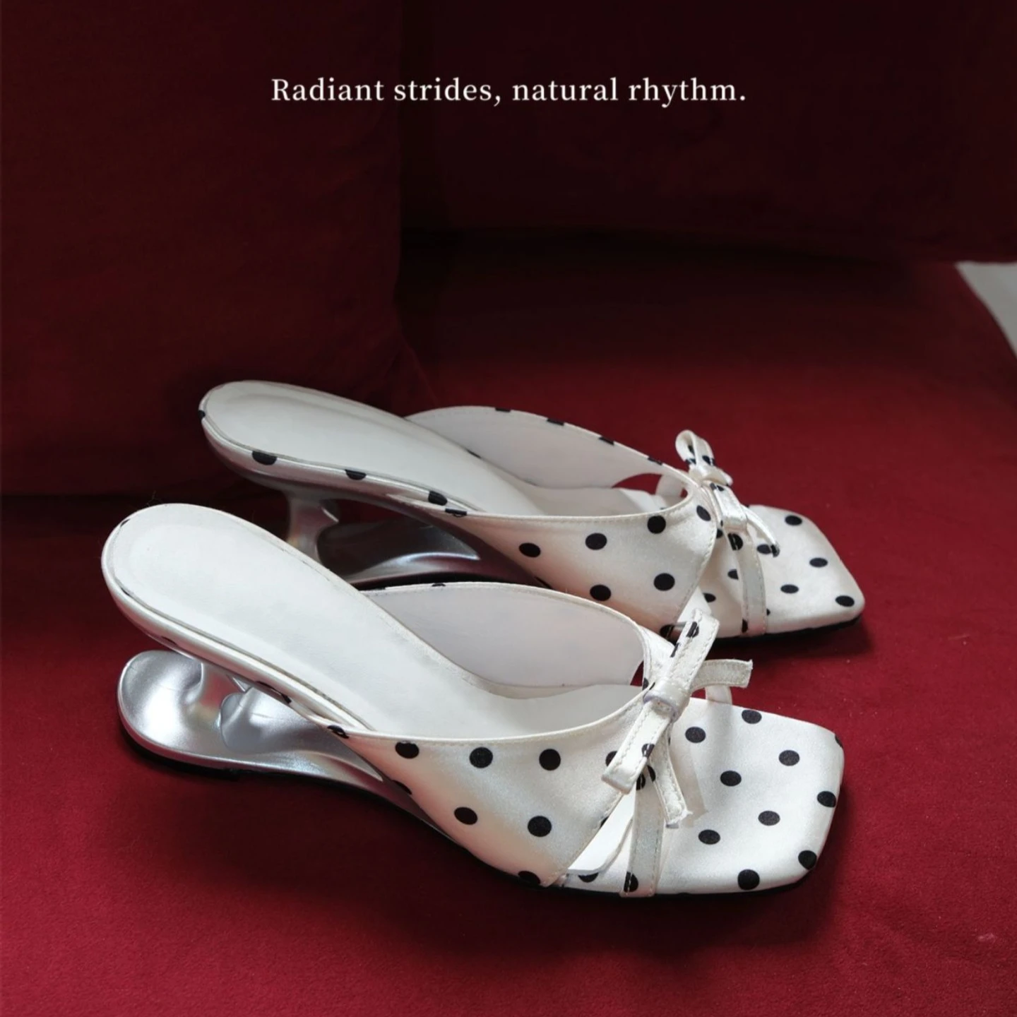 Polka Dot Heart-shaped Square Toe Sandals with Unique Heel, Retro Bow High Heels