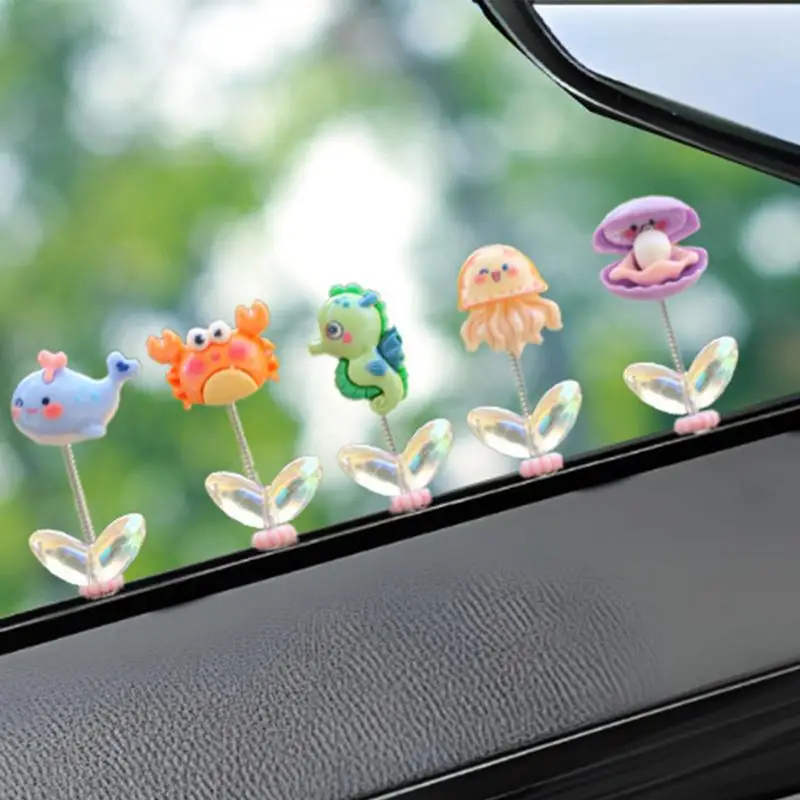 Mini Dashboard Decor 5 Pcs Sea Animal Miniatures Resin Cartoon Sea Creatures Ornament Bobblehead For Car Interior For Adults