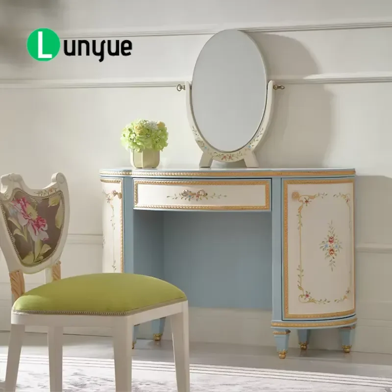 Classic French Hotel Style Wooden Dresser with Standing Mirror Panel Design Elegant Bedroom Storage Furniture Vintage Vanity