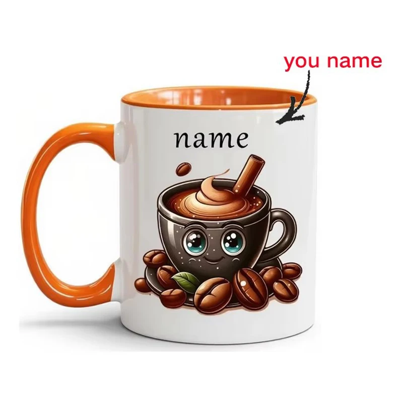Personalized ceramic coffee mug - customizable with name and coffee bean design - 11oz double-sided printing