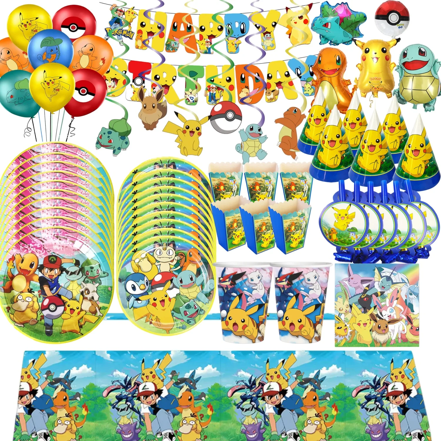 קישוטי מסיבת פוקימון, ערכת שולחן בנושא פיקאצ'ו, כוסות, צלחות, בלונים, באנר, אספקה, מתנות לילדים, מסיבת בייבי שאוור
