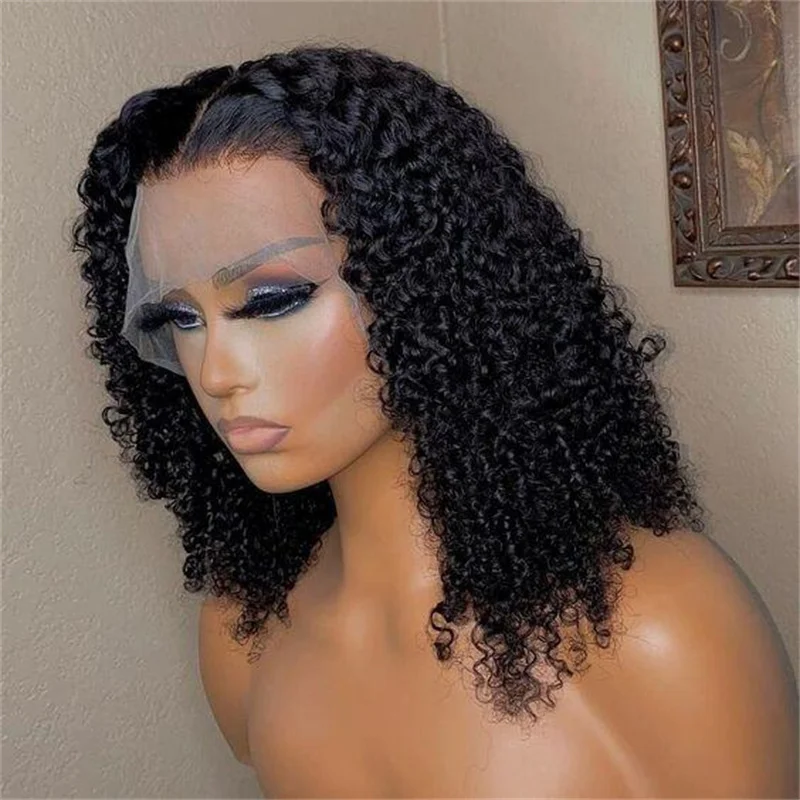 Peluca de encaje frontal para mujeres negras, pelo corto suave, rizado, negro Natural, 180 densidad, prearrancado, resistente al calor, sin pegamento