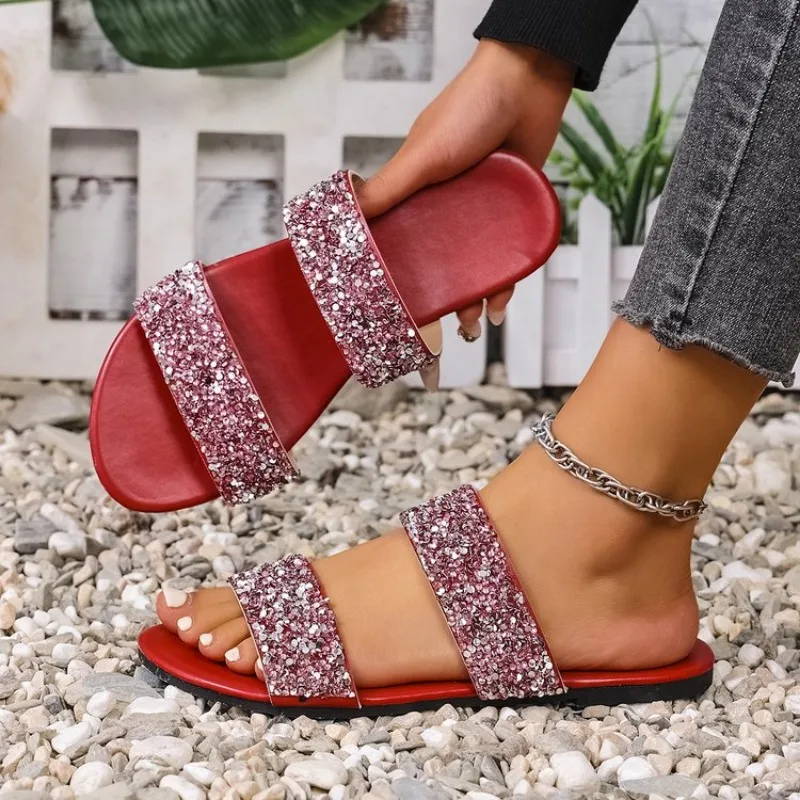 

2025 Summer New Line Flat Bottom Slippers Women's Square Head Snake Pattern Transparent Belt Slippers Fashion Plus Size 41 42 43