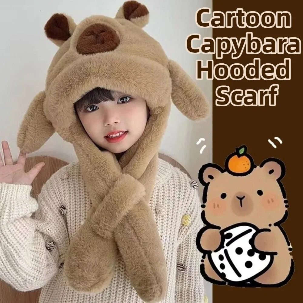 

Creative Ear Protection Hat Movable Ears Funny Cute Capybara Hooded Scarf Pullover Integrated Hat Scarf Set Cold Weather