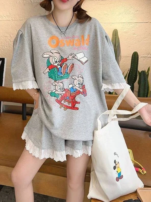 

plus Size 300 Pounds Cartoon Letter Print Lace Trim T-Shirt Shorts Set Fashionable Korean Style High Waist Summer Outfit