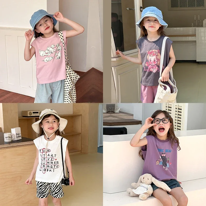 Baby Girls Sleeveless T-shirts Kids Carton Tops Children's Underwear Toddler Loose Camisole 2024 Summer Tank Tops Clothing