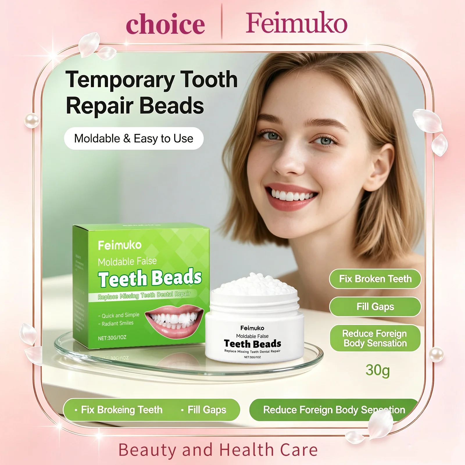 Feimuko Temporary Tooth Repair Beads Fix Missing Broken Teeth Gaps Filling Tooth Beauty Granules Moldable Solid Dental Adhesive