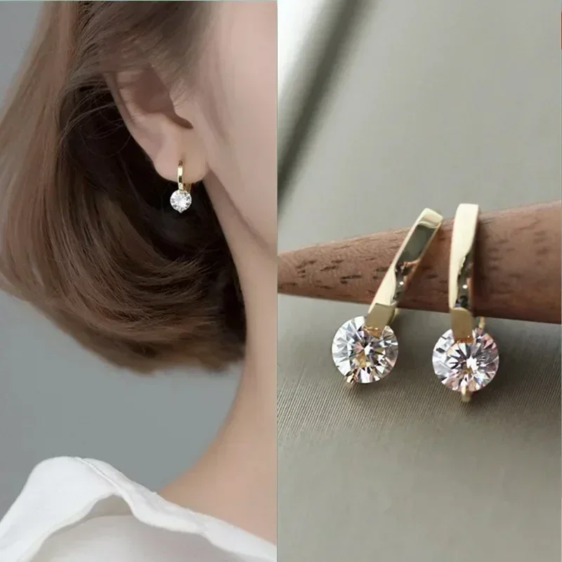 Pendientes colgantes de circonita redonda de Color dorado para mujer, joyería de aro coreana, regalo de cumpleaños y boda, novedad de 2024