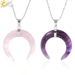 CSJA Reiki Natural Stone Crystals Necklace Crescent Moon Pendant Rose Crystal Quartz Amethysts Silver Color Women Pendant G913