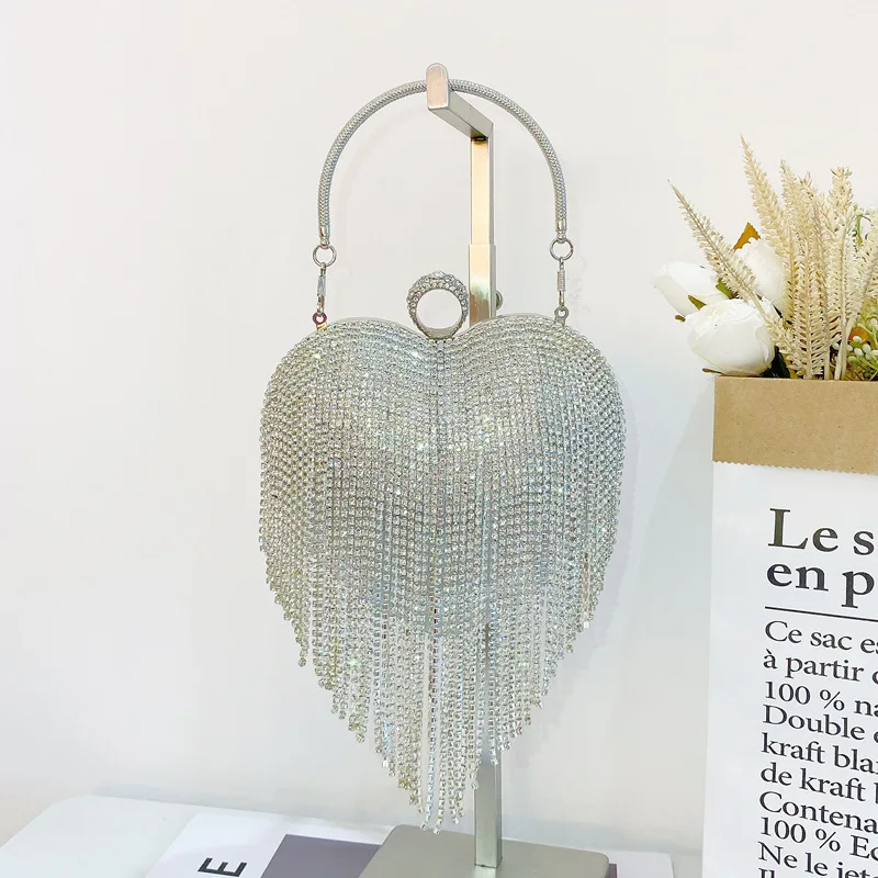 Heart Shape Rhinestone Tassel Evening Bag Women Luxury Party Clutches Handbag Elegant Glitter Banquet Wedding Chain Shoulder Bag