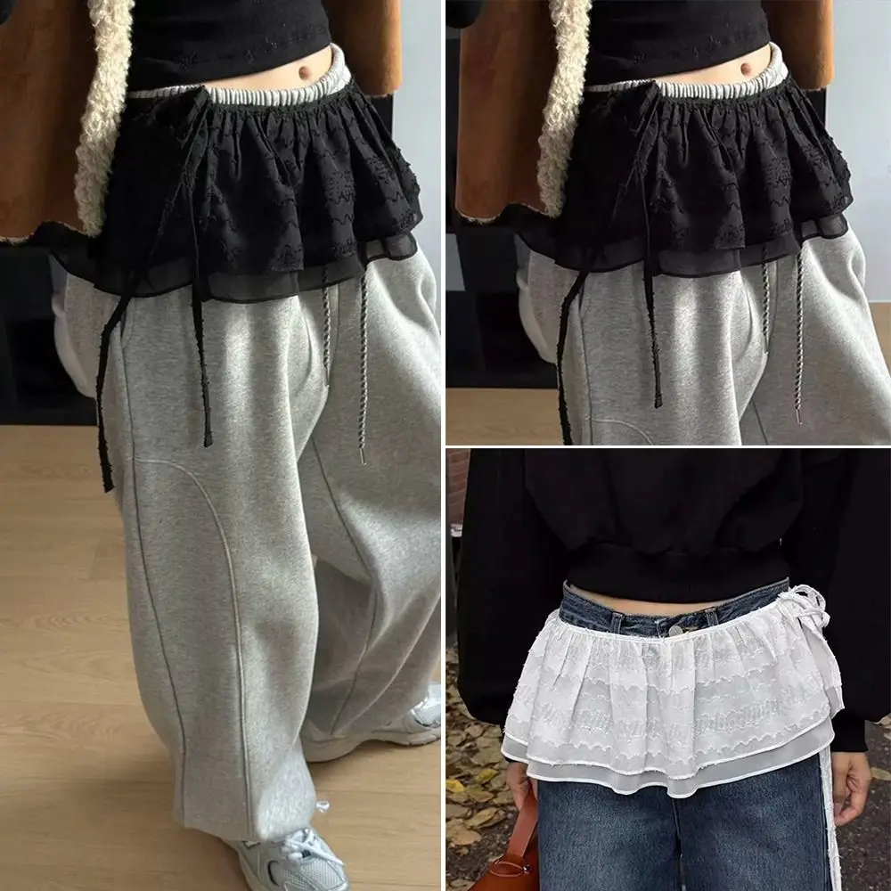 

New Embroidered Flower Lace Mini Skirt See Through Harajuku Lace Up Ruffles Skirt Y2K Streetwear Ruched Skirts Jeans Decoration