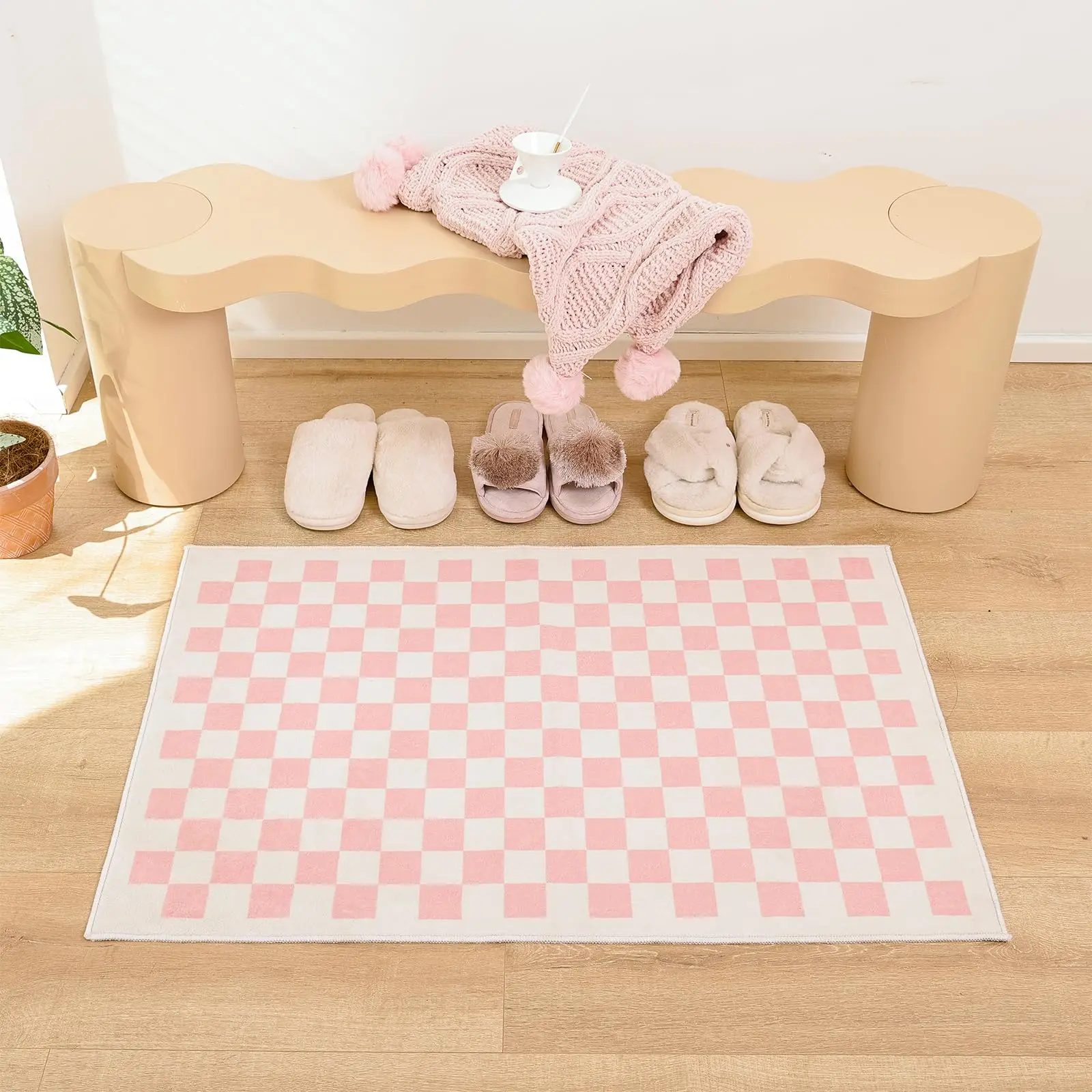 Modern Checkered Small Pink Rug Fashion Chessboard Grid Bedroom Decor Carpet Floor Mat Home Bathroom Kitchen Polyester Door Mat