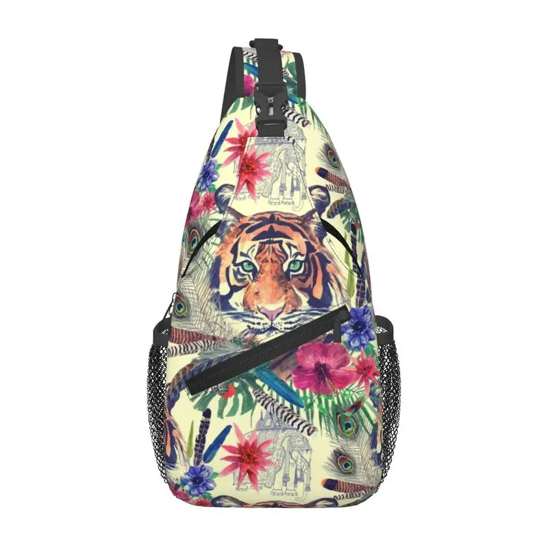 Custom Exotic Flowers Tropical Animals Tiger Sling Crossbody Backpack Men Custom Chest Shoulder Bag for Cycling Camping Daypack