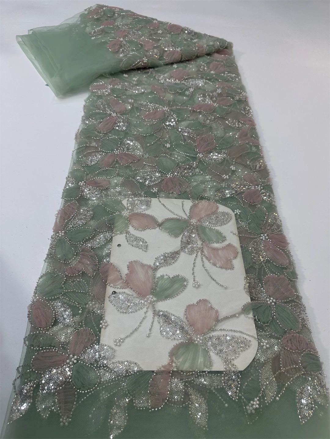 قماش دانتيل مطرز بالكامل ثلاثي الأبعاد مع ترتر قابل للتمدد، JIT جاهز للشحن لفساتين الحفلات وحفلات الزفاف وحفلات السهرة