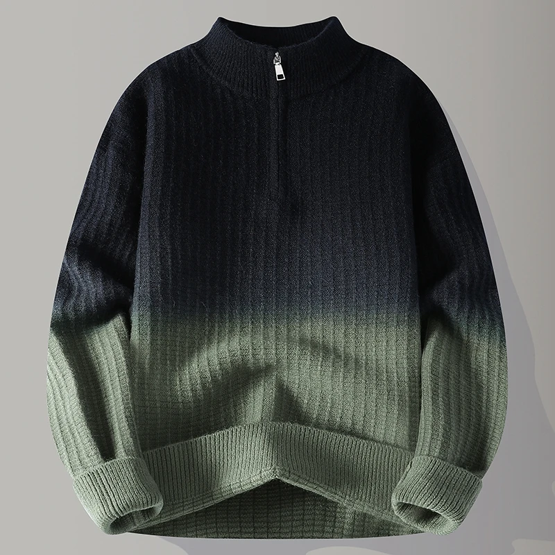 

Мужской вязаный свитер свободного кроя с градиентным цветом, воротником-стойкой, длинными рукавами, для повседневной носки, удобный, из полиэфирного волокна