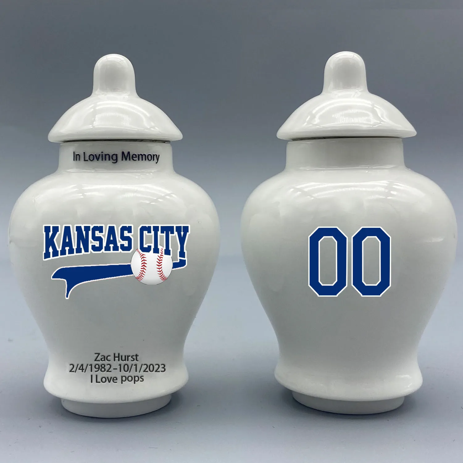 

Mini Urn for Kansas City Royals-Baseball themed.Please send me the customization information - name/date and number on the urn