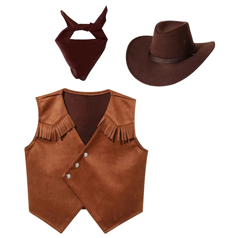 

Western Rodeo Cowboy Cowgirl Costume for Kids Child Fringe Vest with Hat Bandanna Halloween Cosplay Party Dress Up Pretend Play