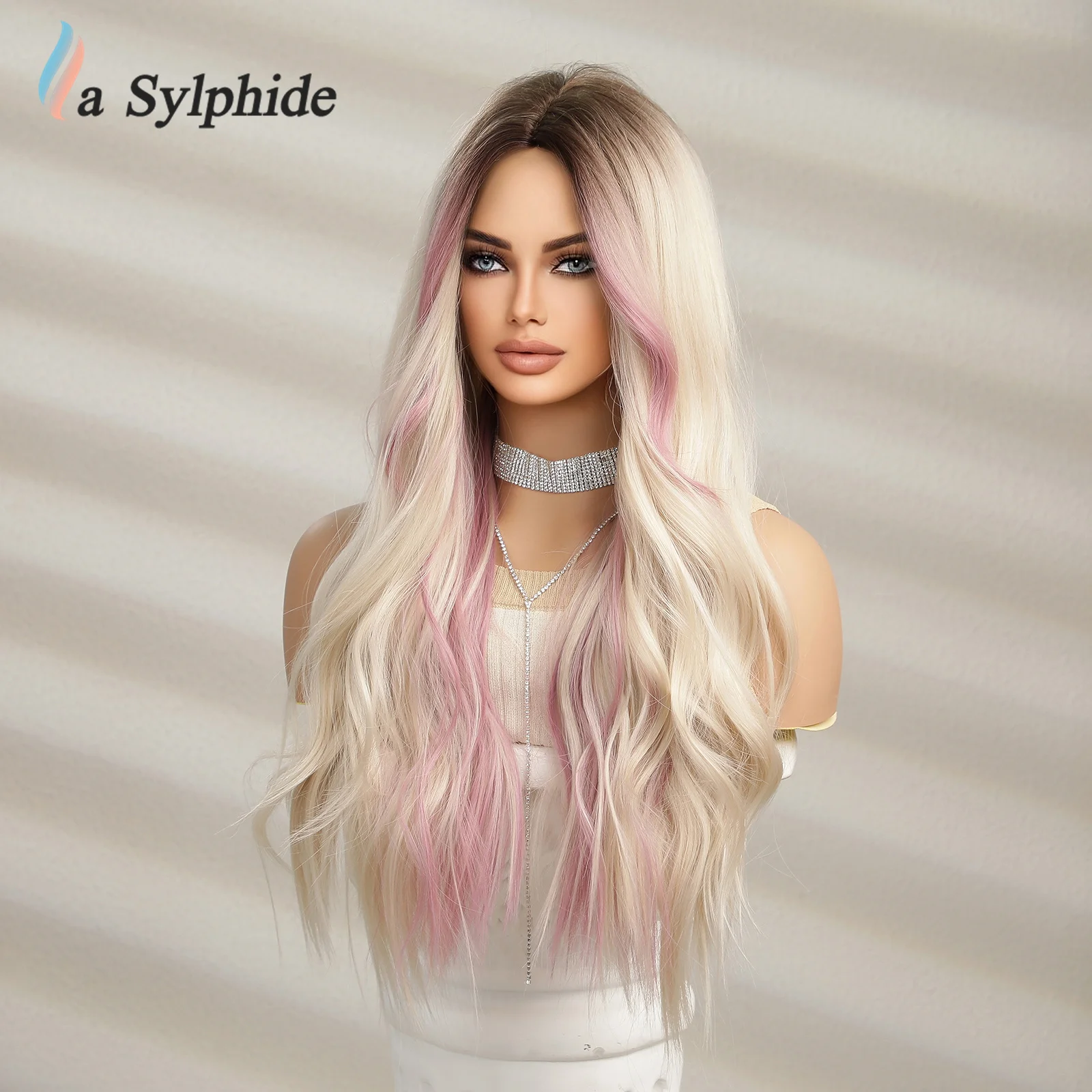 LaSylphide-Peluca de cabello Natural resistente al calor para mujer, cabellera artificial con flequillo, color rosa, largo, ondulado, Cosplay, alta calidad