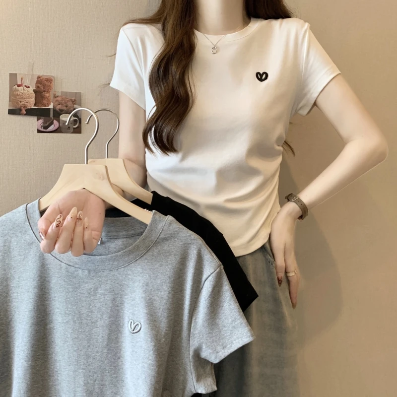 Women's T-shirt O-neck Short Sleeve Solid Color Casual Fashion Tees Woman Summer Clothes Women  Korean Popular Clothing Top Love image 6