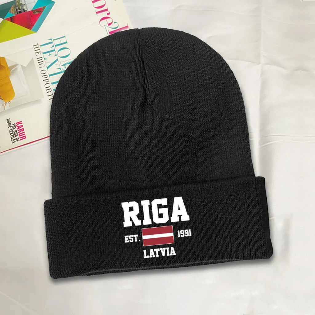 Latvia EST.1991 Riga Capital Men Women Unisex Knitted Hat Winter Autumn Print Beanie Cap Warm Bonnet