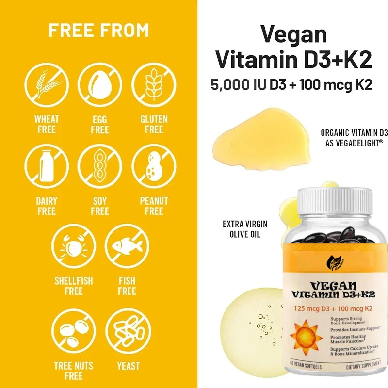 فيتامين D3+K2 النقي، دعم العظام، امتصاص عالي لزيت الزيتون العضوي المضغوط على البارد - غير كائنات معدلة وراثيًا، 60 كبسولة