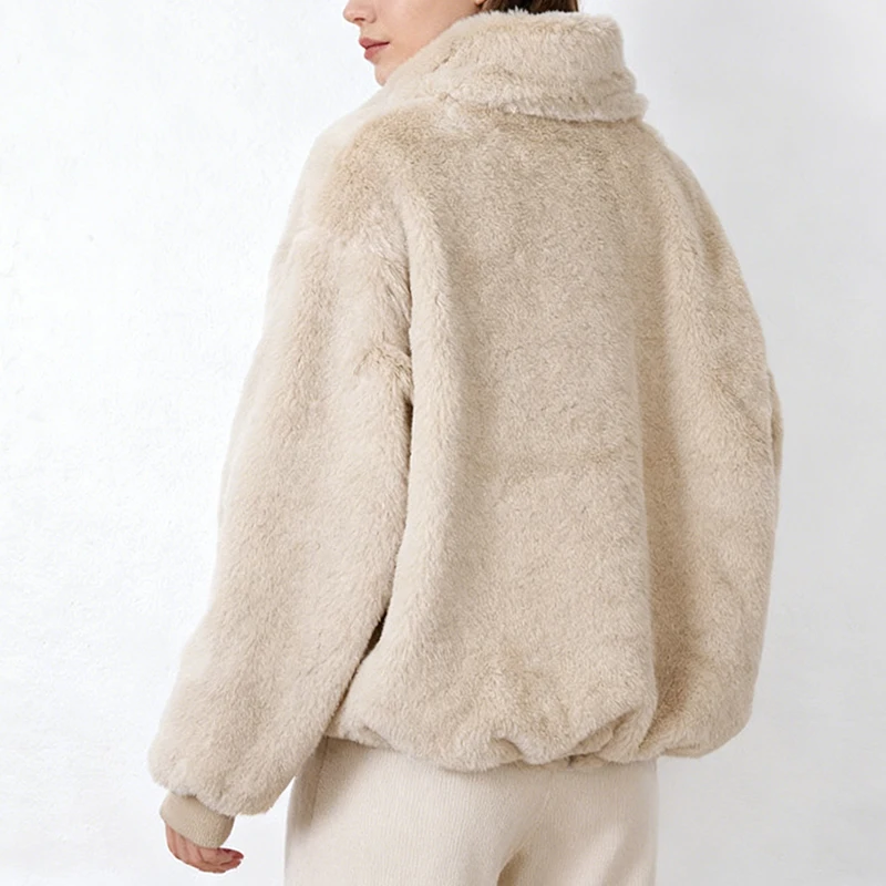 Winter Nieuwe Mode Nepbontjas Voor Vrouwen Lange Mouw Kraagvorm Losse Rits Warm Pluche Uitloper Bont Beige Jas Vrouwelijke