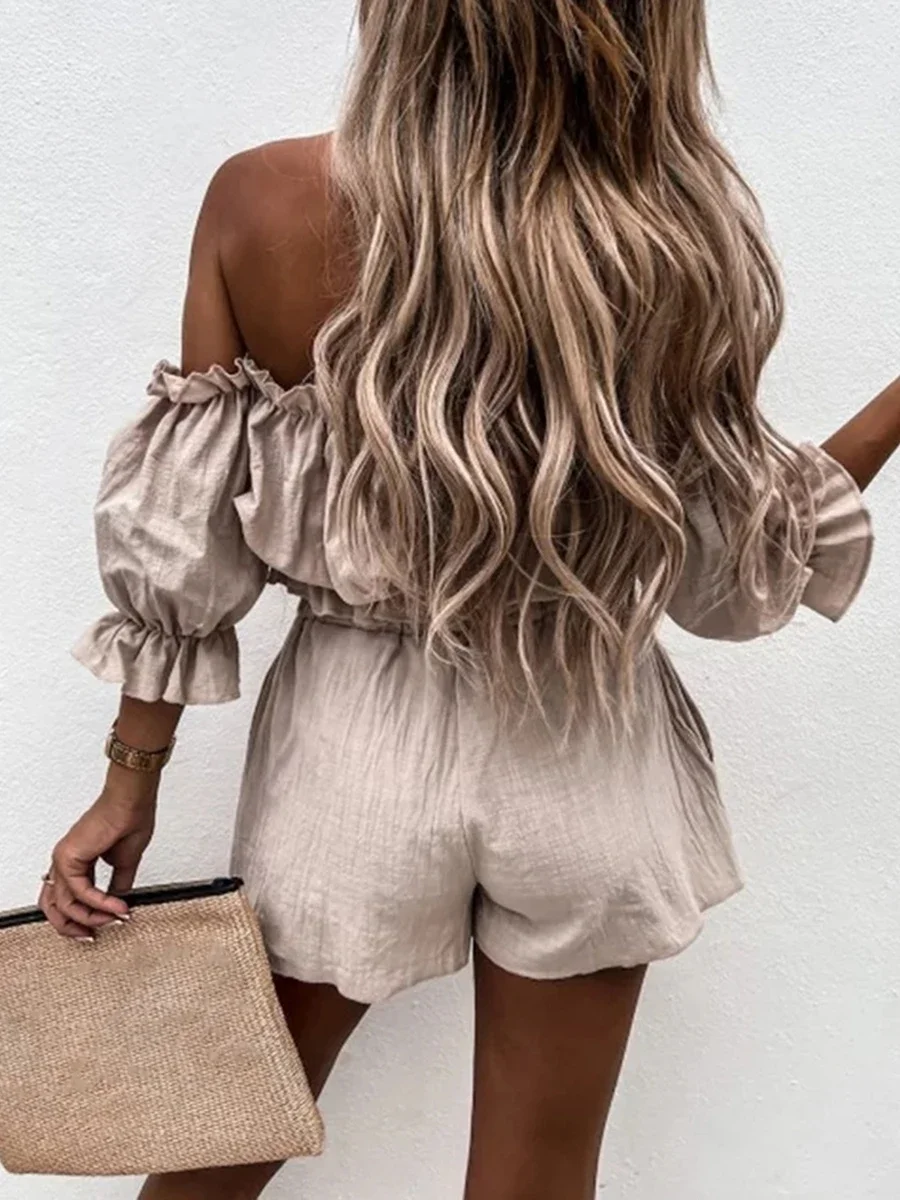 New Two-Pieces Top and Shorts Suits Summer Beach Suits Women Casual Off-Shoulder Short Sleeve Crops Tops High Waist Shorts