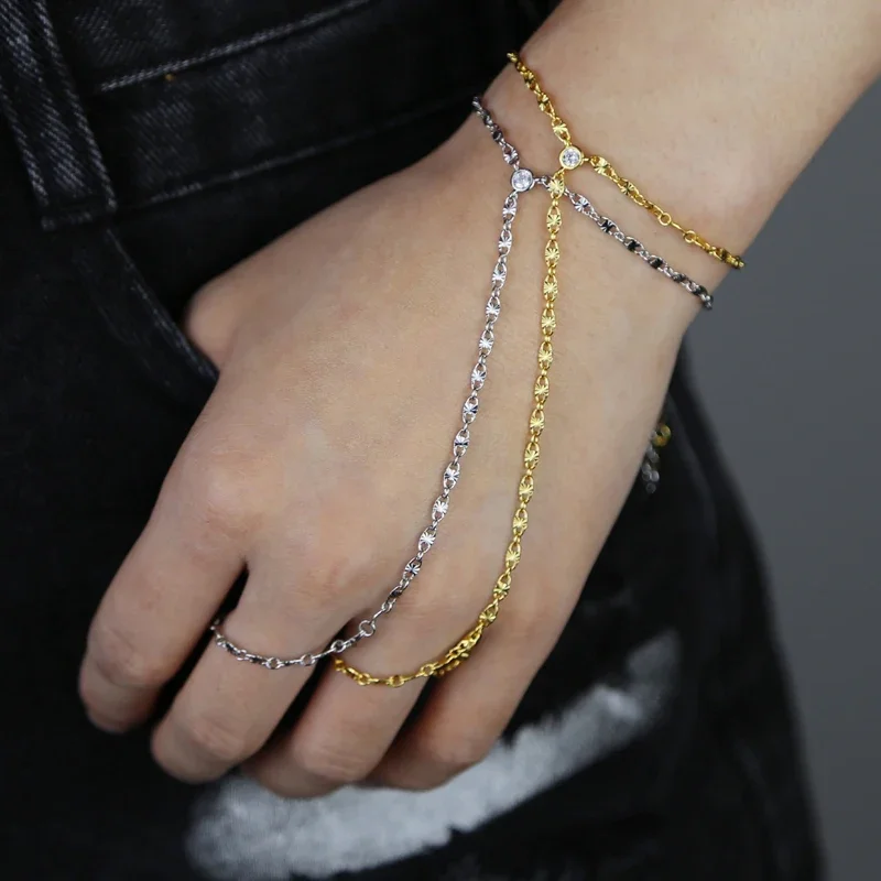 2025 New Fashion Bezel Bling AAA Zirconia Link Chain Hand Wristlet Jewelry For Women Delicate Round Cz Bracelet With Ring