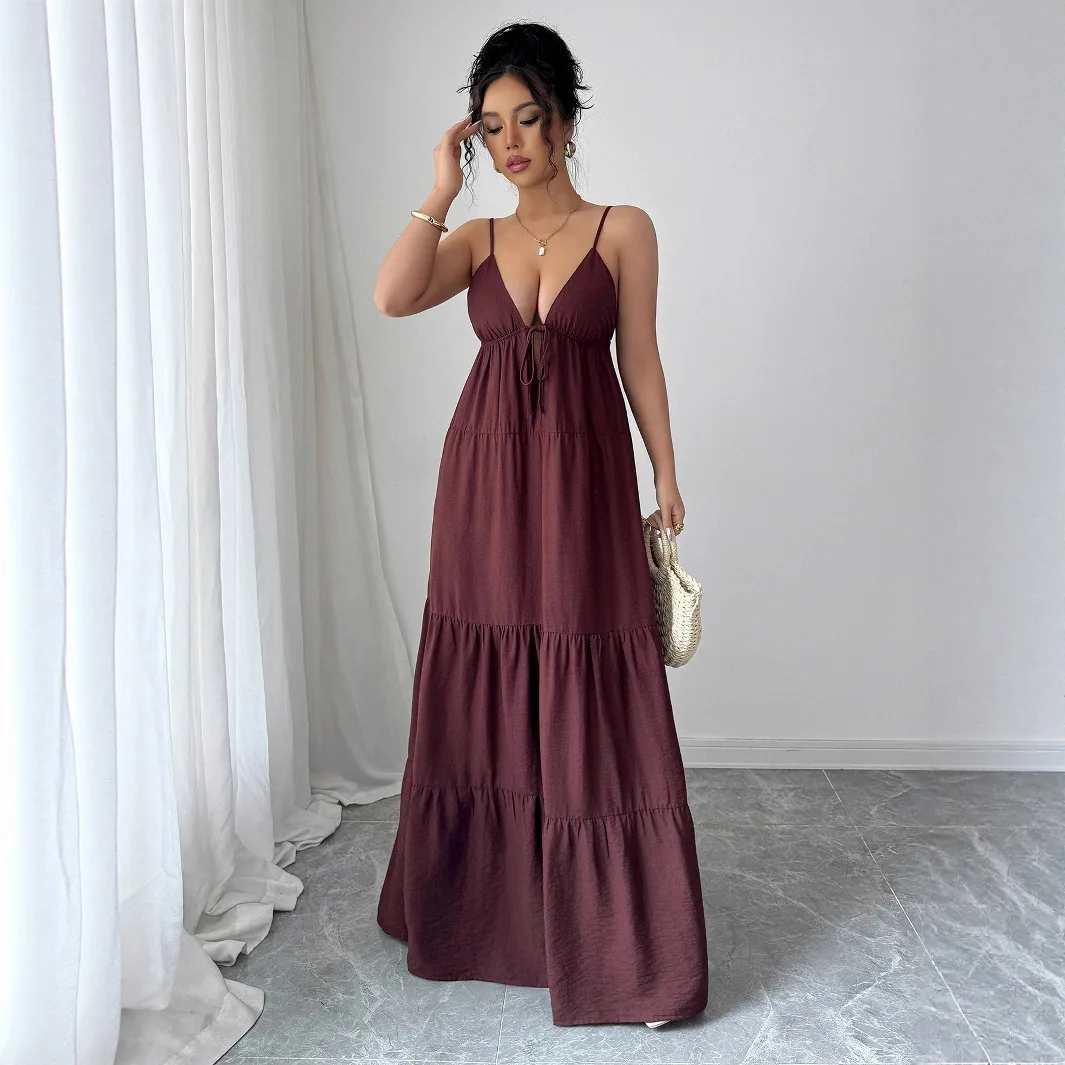 

Dresses Women V Neck Lace Up Long Dress Camisole Hollow Loose High Waist Sleeveless A Line Floor Length Vestidos Slight Strech