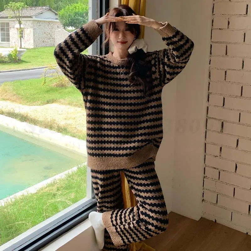 Autumn Winter Plush 2PCS Pajamas Set Women Thick Flannel Long Sleeve Sleepwear Trouser Pijamas Suit Sweet Home Wear Loungewear