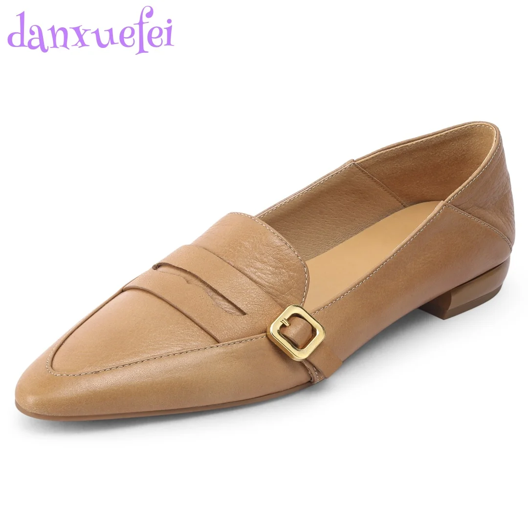 

danxuefei 2024 autumn new plus size 33-41 women's cow leather pointed toe slip-on flats metal buckle OL style dlim daily shoes