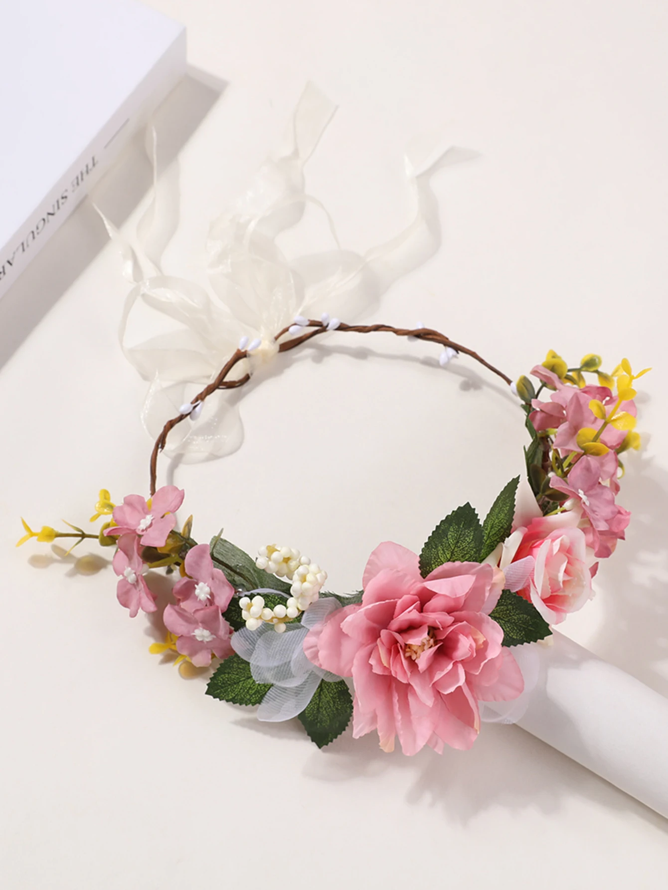 Pink white flower wreath hair hoop fairy aura headwear retro forest style flower wreath headwear accessories