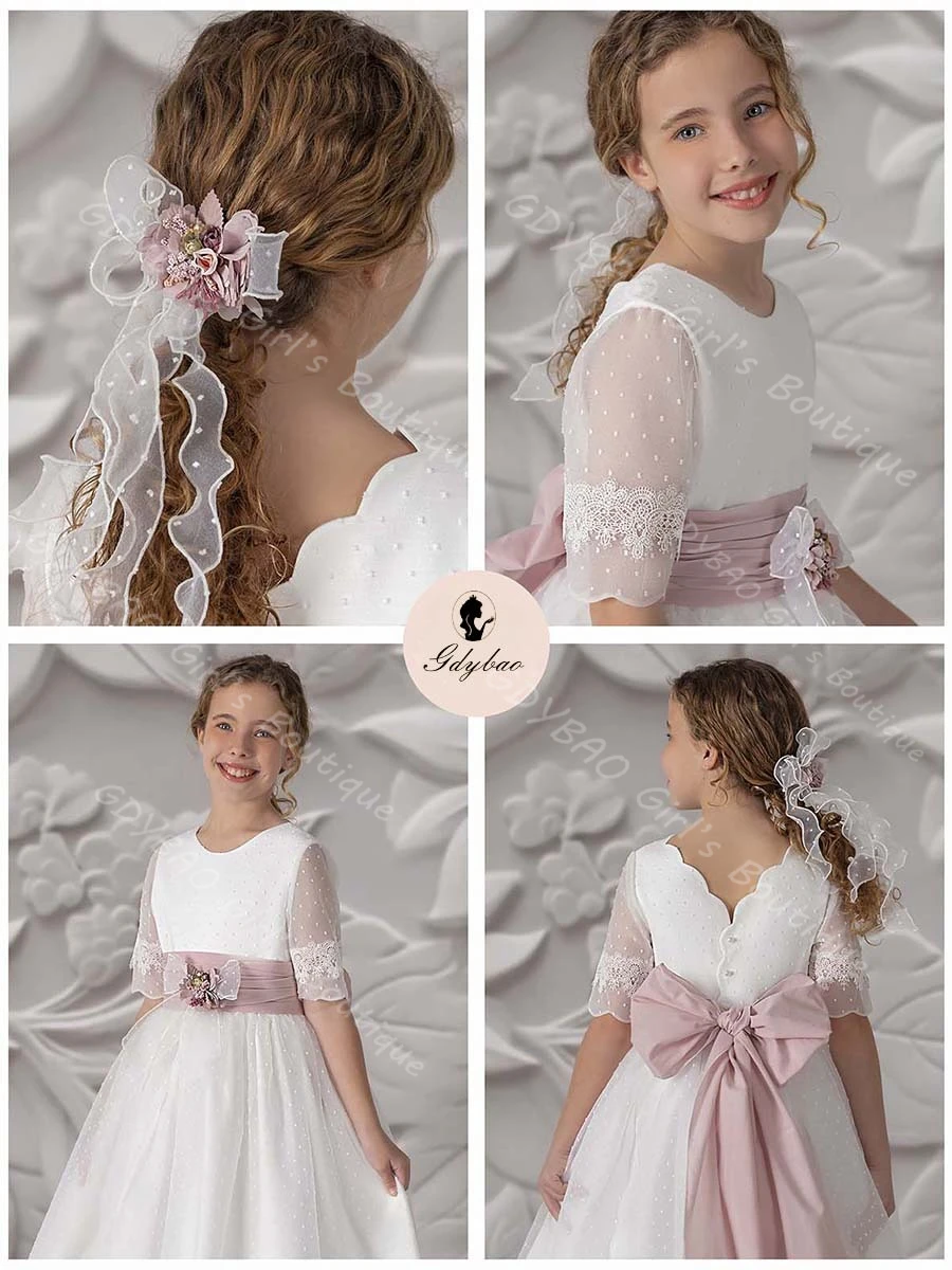Vestido elegante de encaje para primera comunión para niña, vestido de niña de flores de media manga con cuello redondo y fajas, vestido de fiesta de cumpleaños personalizado