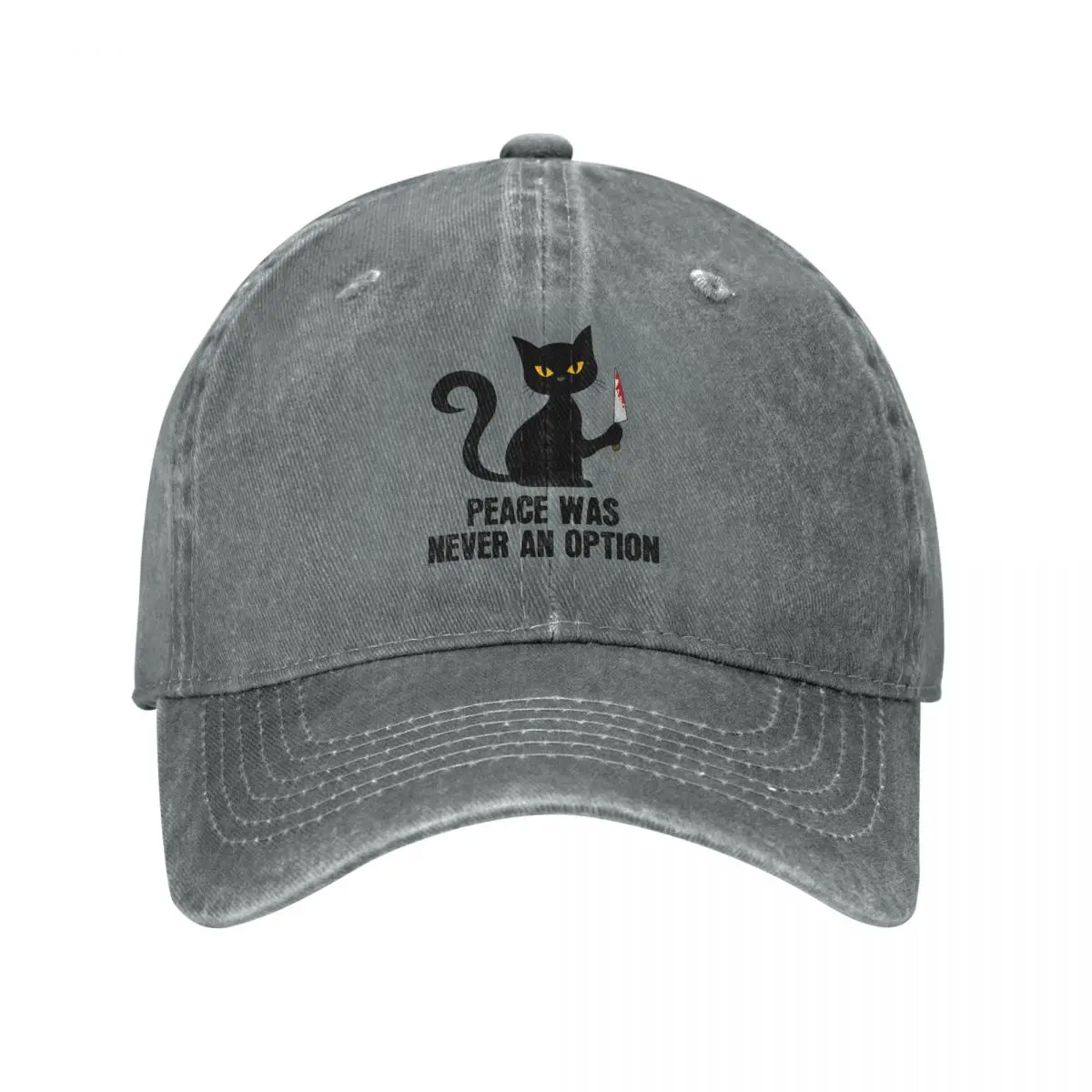 Peace Was Never An Option Black Baseball Caps Casual Distressed Denim Cartoon Cat Headwear for Men Women Outdoor Summer Caps Hat